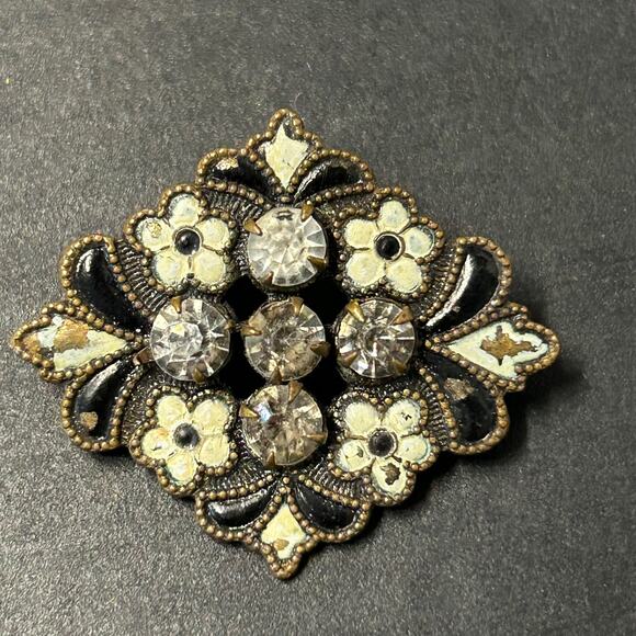 Antique 1940's-1960's Victorian/Art Deco Rhinestone and Enamel Brooch - Picture 1 of 4